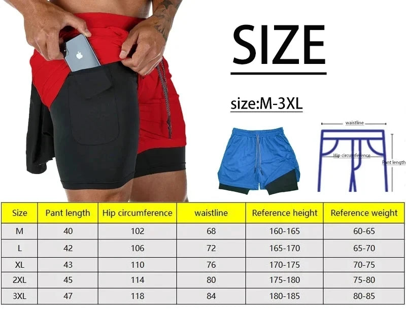 Men's Fitness Gym Shorts 2-in-1 Fitness Fashion Jogging Shorts Brand Jogger Summer Shorts