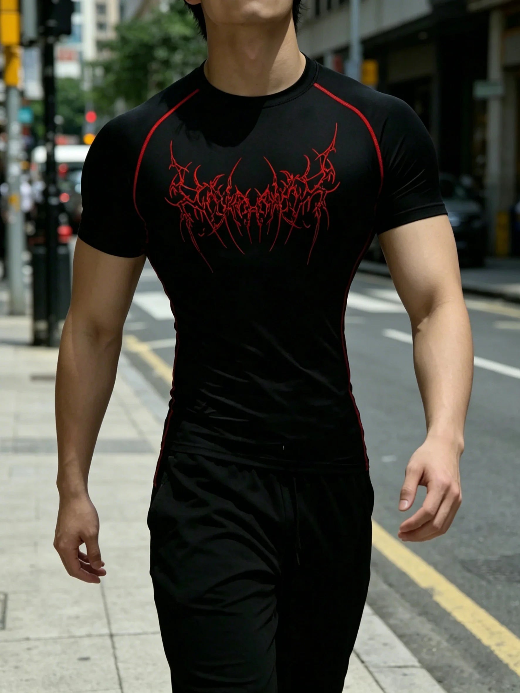 Men's Compression T-shirt, Gothic Print, Quick Dry Breathable, Spring Summer Gym Workout Running Casual Streetwear